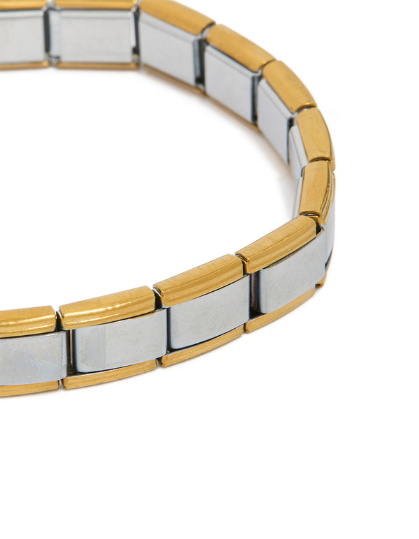 Showcasing a mens waterproof mixed plated stainless steel stretch link chain bracelet in gold and silver close up view