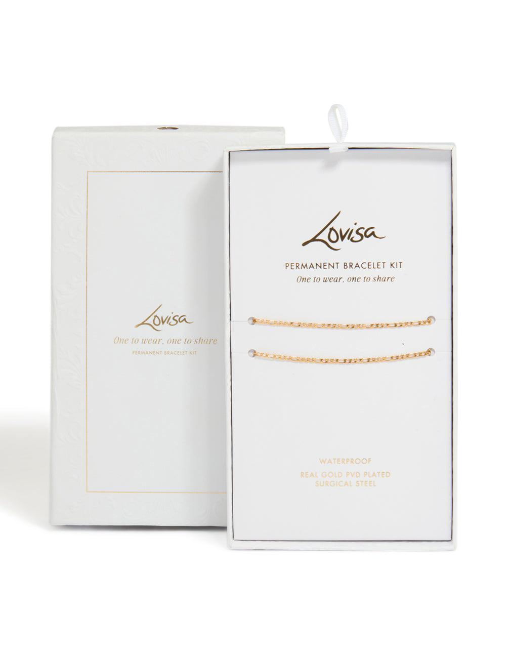 Discover Waterproof Gold Plated Surgical Steel Figaro Permanent Bracelets Pack in packaging close up view