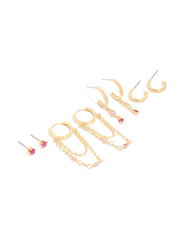 Gold Plated Dark Pink Cubic Zirconia Stacker Earrings 4-Pack
