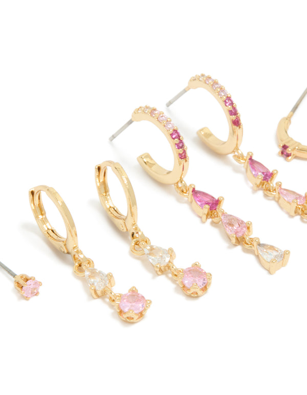 Gold Plated Clear & Light Pink Cubic Zirconia Stacker Earrings 4-Pack