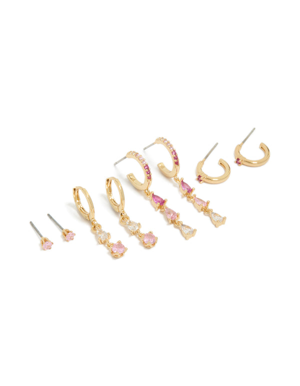 Gold Plated Clear & Light Pink Cubic Zirconia Stacker Earrings 4-Pack