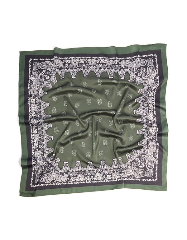 Featuring an olive green deco paisley fabric scarf with white and grey details detail view