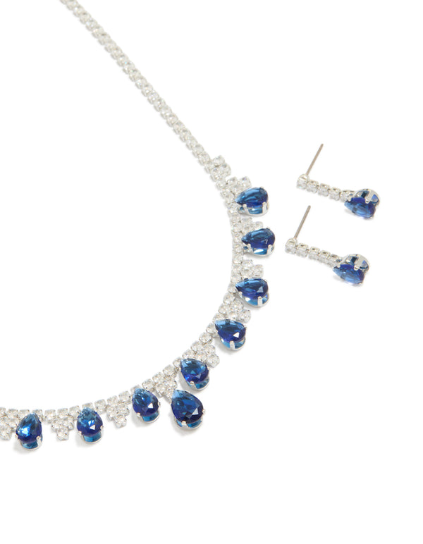 Silver Dark Blue Cubic Zirconia Necklace & Earrings Set