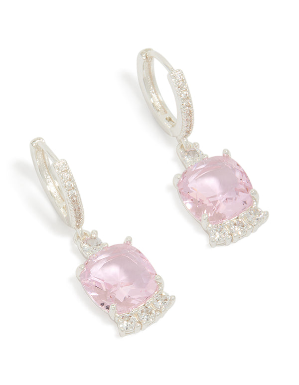Beautifully crafted silver plated cubic zirconia pink square drop huggie earrings with crystal detailing front view