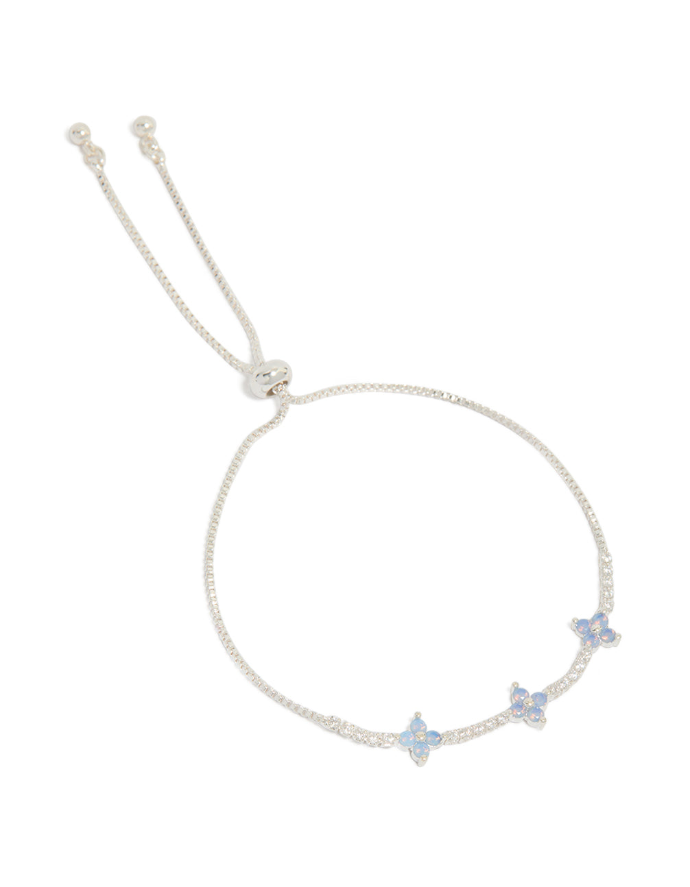 Charming silver plated cubic zirconia blue flower toggle bracelet front view