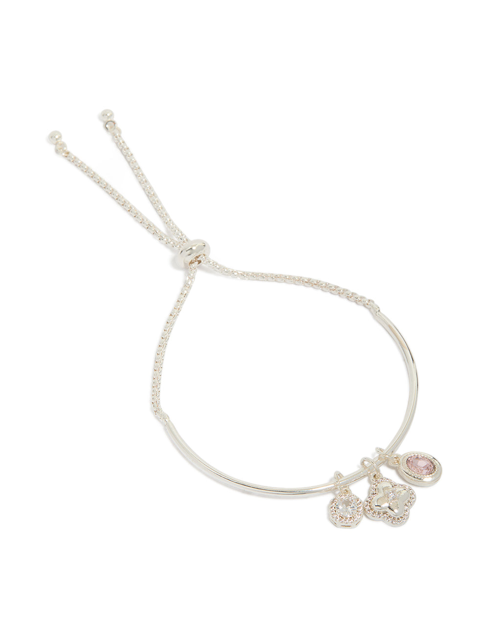 Showcasing a silver plated cubic zirconia clover charm toggle bracelet with light pink and clear accents front view