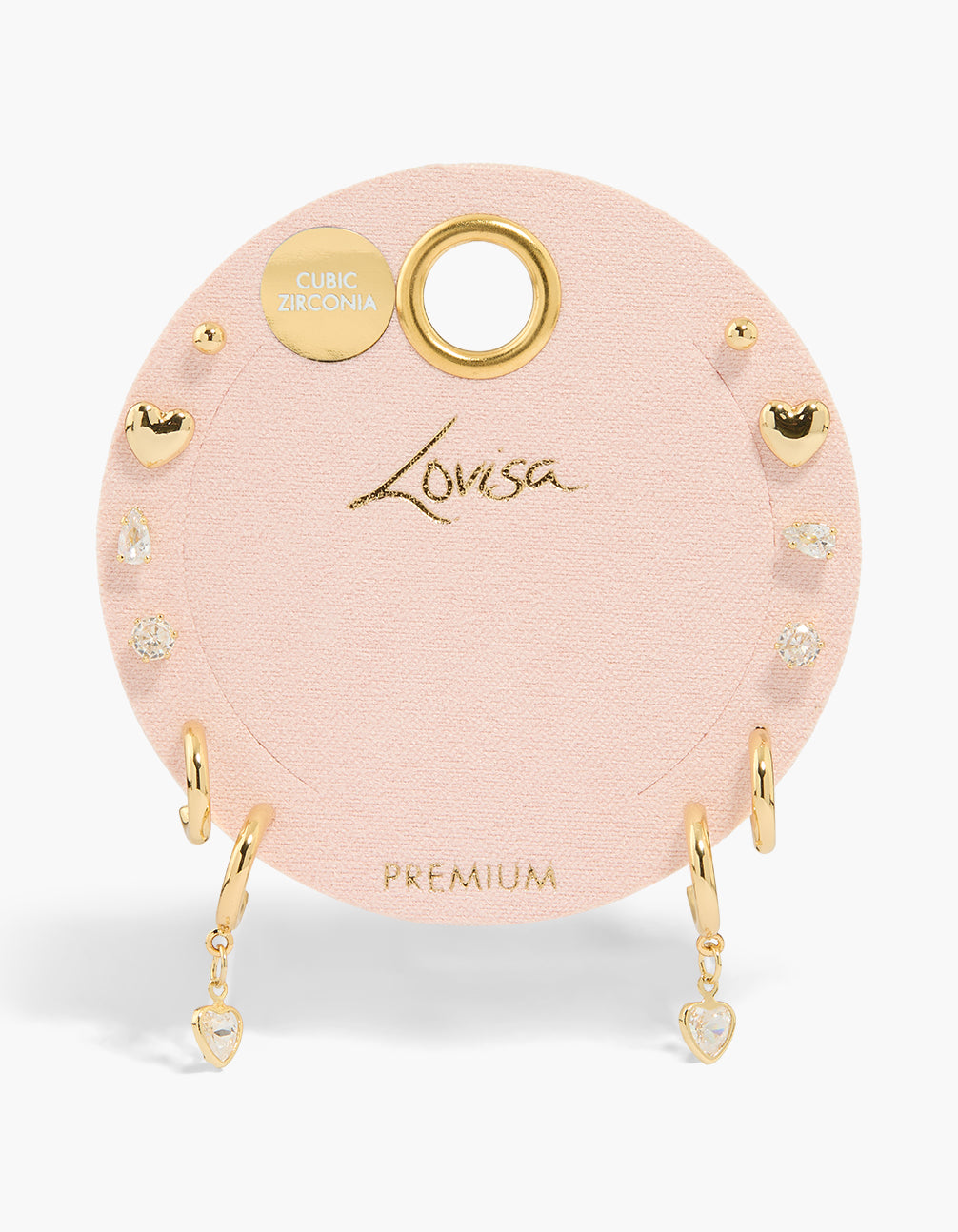 Displaying gold plated cubic zirconia heart hoop and stud earrings 6-pack with ball featuring crystal post detail view