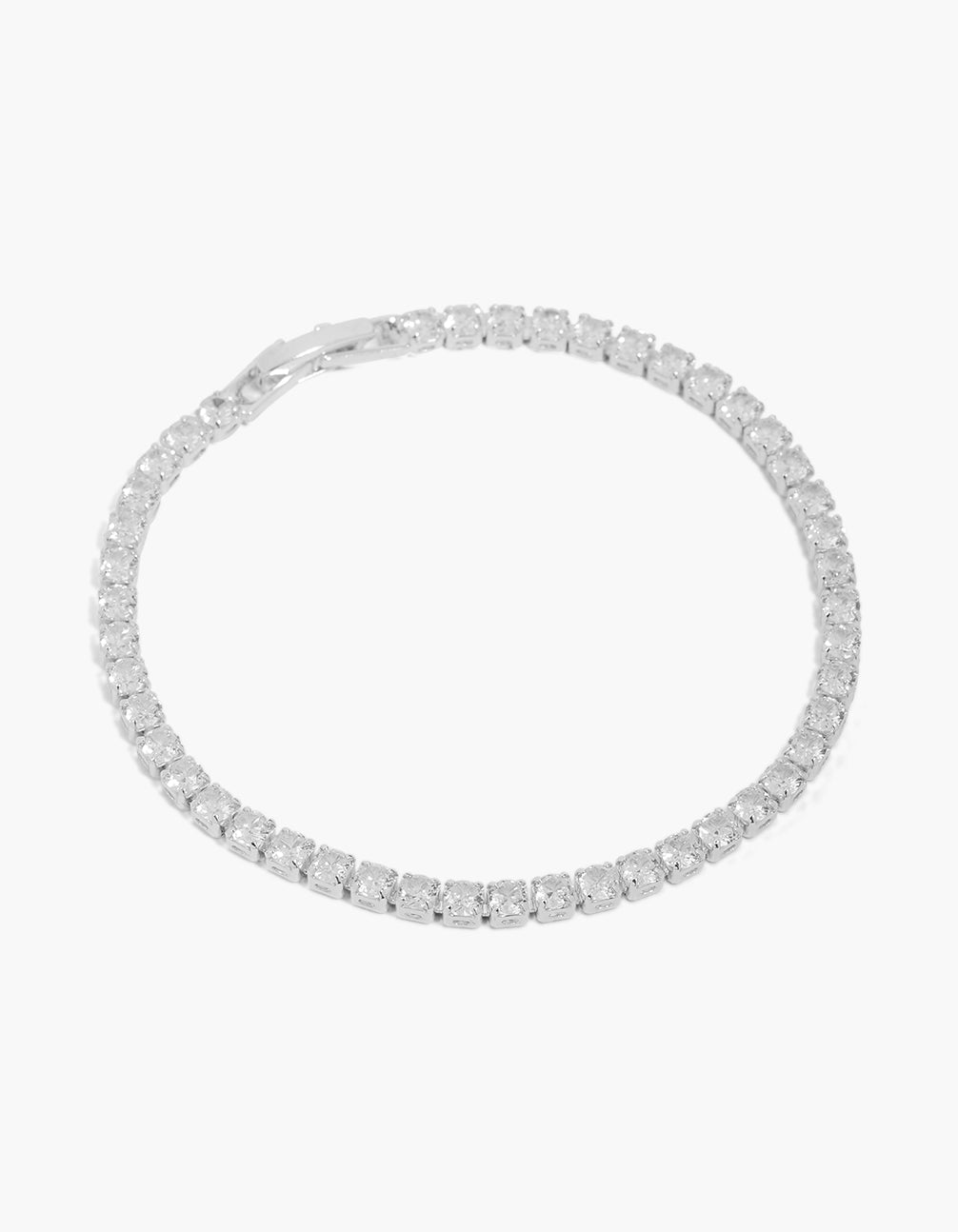 Showcasing a silver plated cubic zirconia round tennis bracelet front view