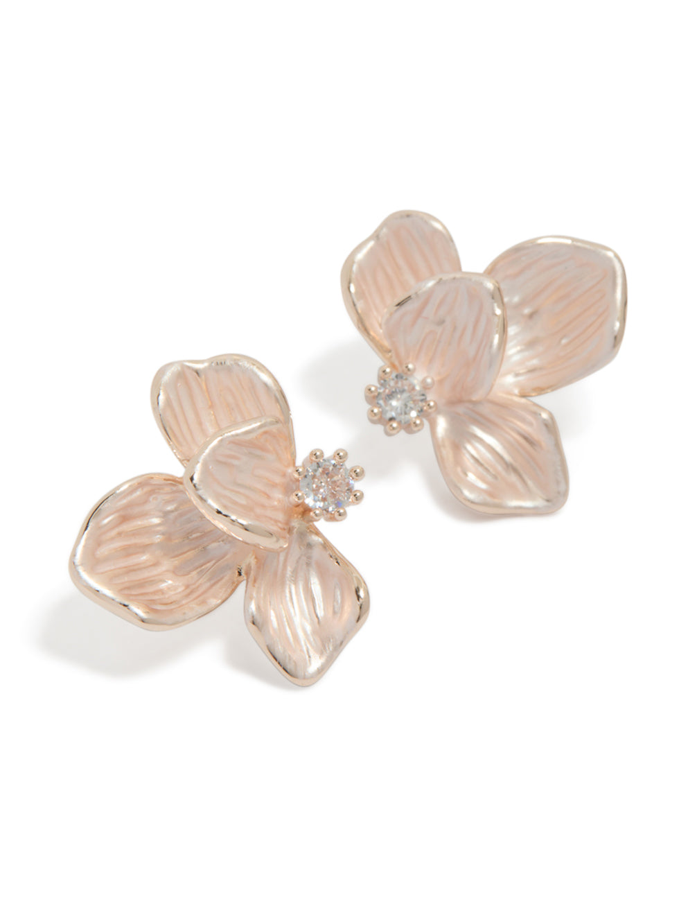 Beautifully crafted rose gold plated cubic zirconia half flower stud earrings front view