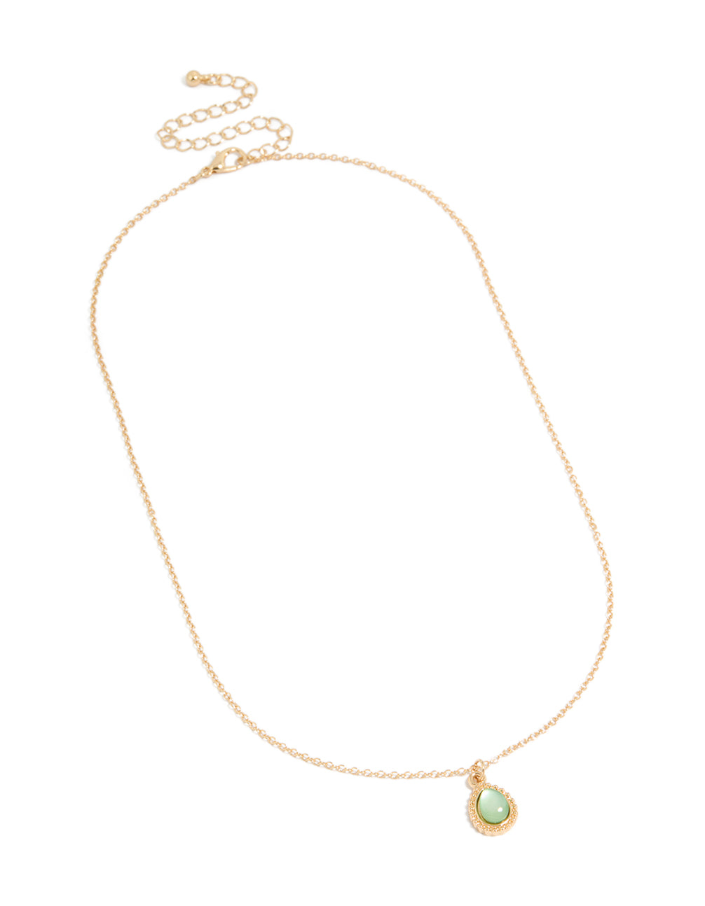 Showcasing a simple teardrop pendant necklace in gold with pale green accents close up view