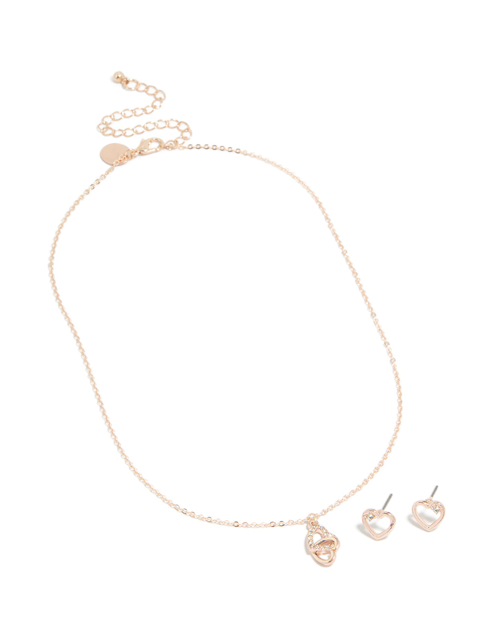 Rose Gold Heart Link Diamante Necklace & Earrings Set
