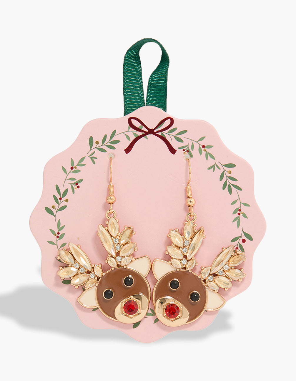 Showcasing gold diamante red nosed reindeer drop earrings featuring animal design front view
