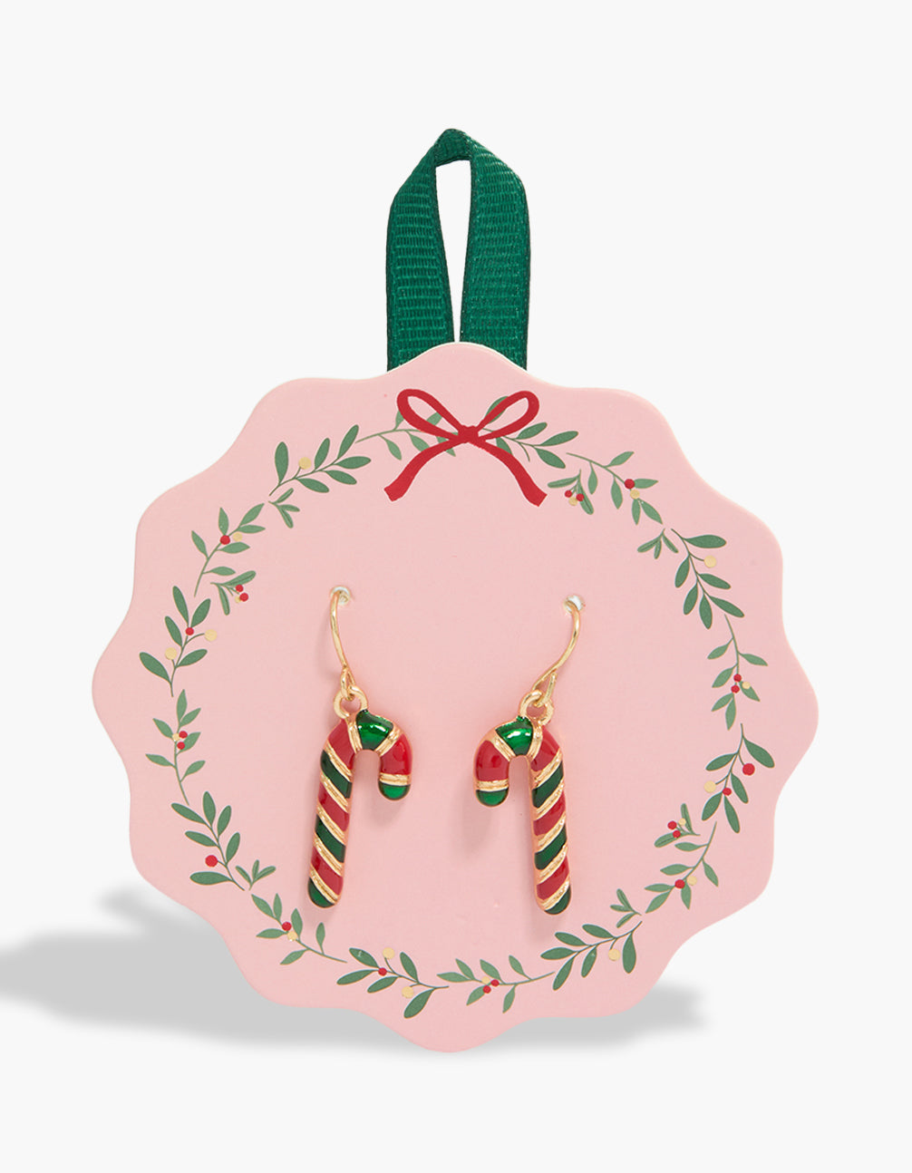 Showcasing statement candy cane earrings with festive food design featuring enamel in red and green gold tones front view
