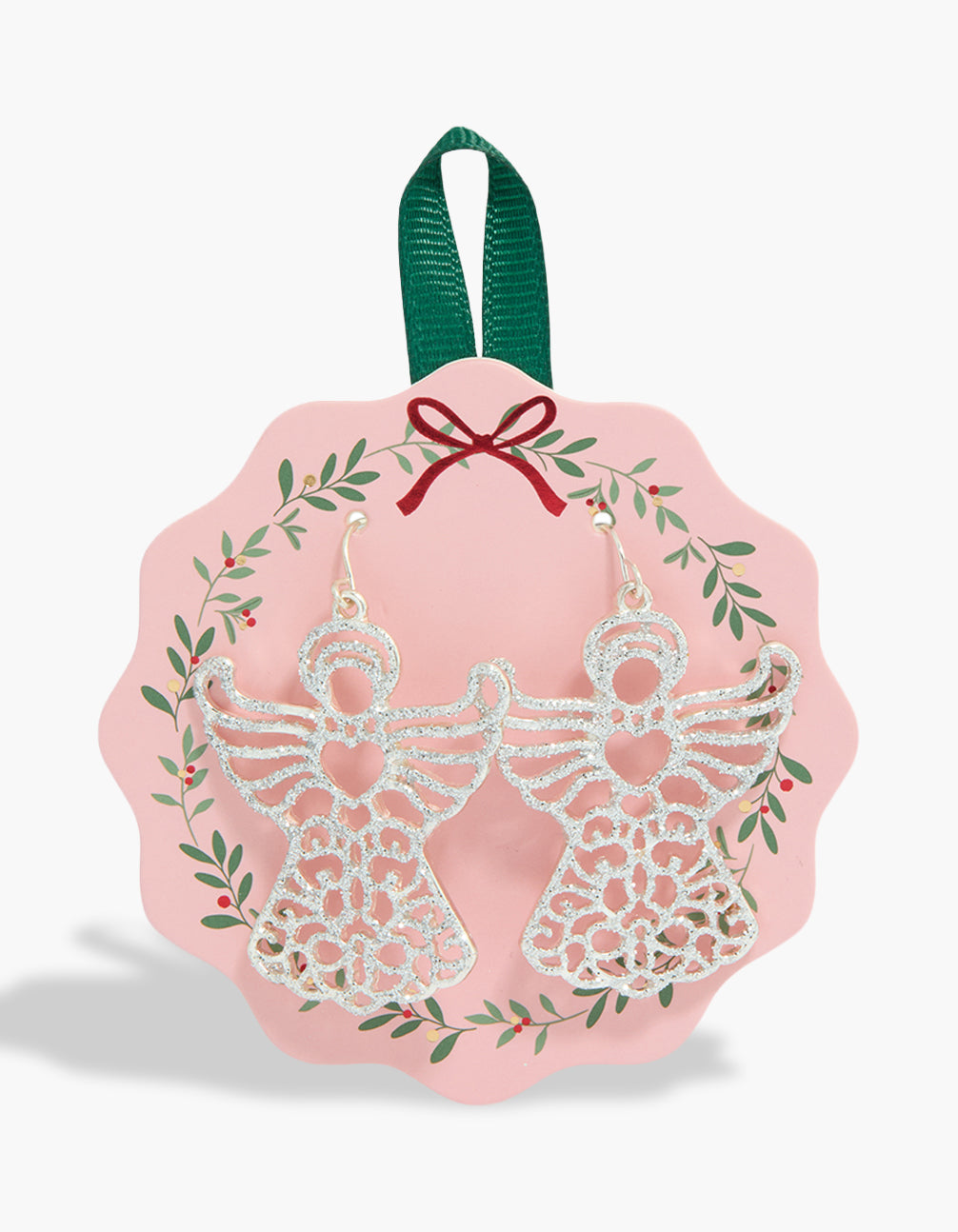 Showcasing chunky silver diamante cutout angel earrings featuring heart and wings front view