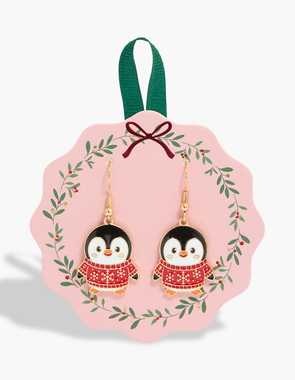 Showcasing statement gold penguin in sweater earrings in gold front view