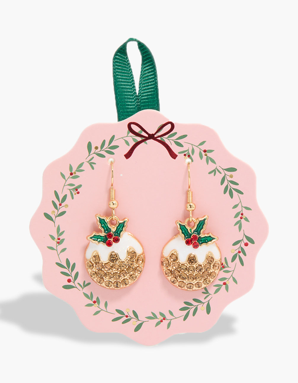 Festive gold Christmas pudding earrings with leaf details front view