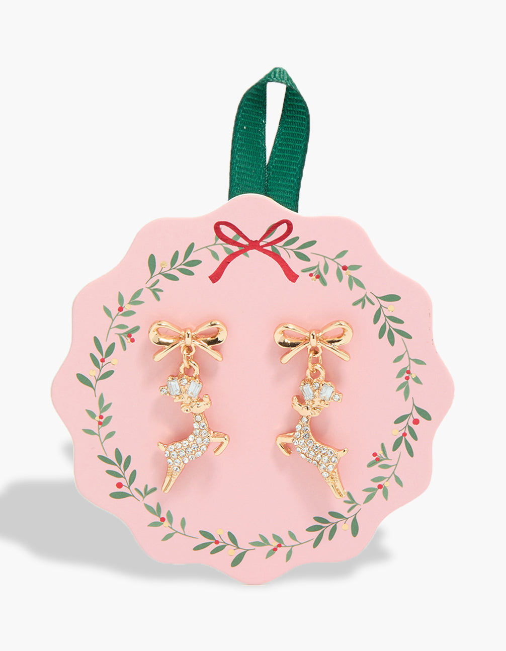 Showcasing gold prancing reindeer earrings with animal, bow accents front view