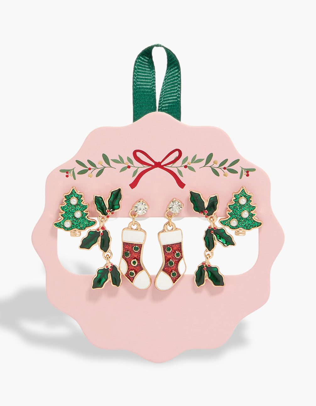 Festive gold red stocking and holly earrings 3-pack featuring leaf, tree, pearl, and glitter stud closure front view