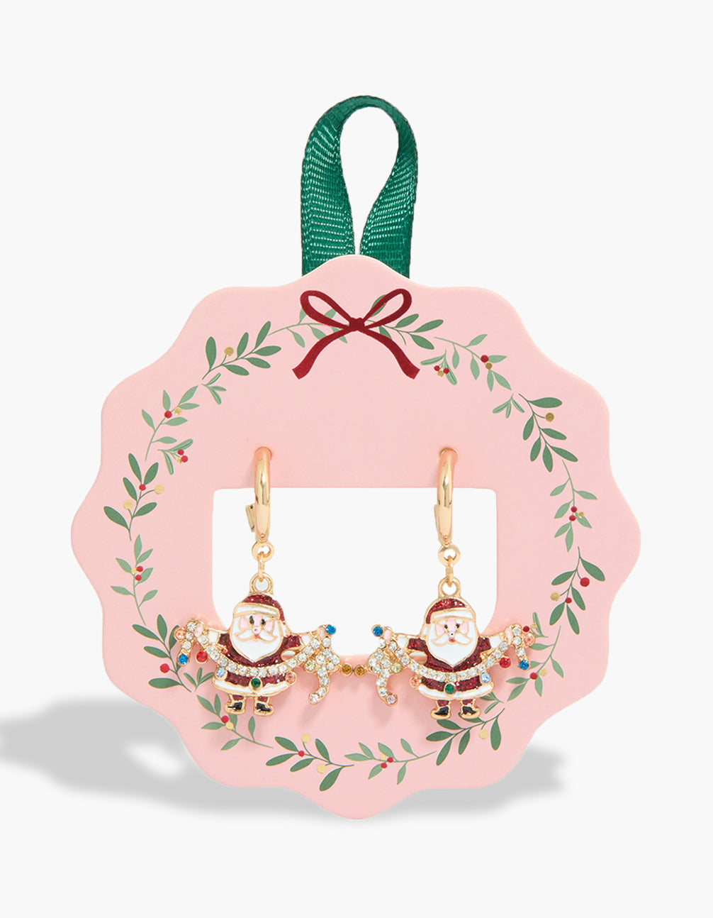 Showcasing gold Santa lights huggie earrings in festive red, white, blue, and clear accents front view