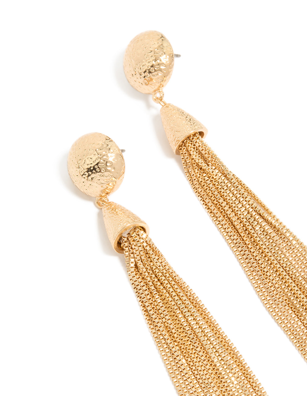 Designed with statement style gold dome tassel drop earrings close up view