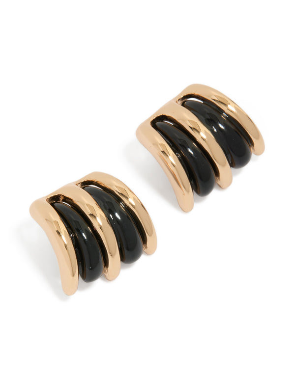 Showcasing gold black double lined stud earrings with closure in front view