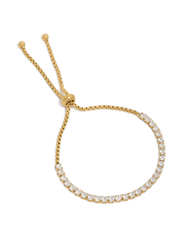 Crafted from waterproof stainless steel, this gold plated cubic zirconia tennis toggle bracelet features design front view