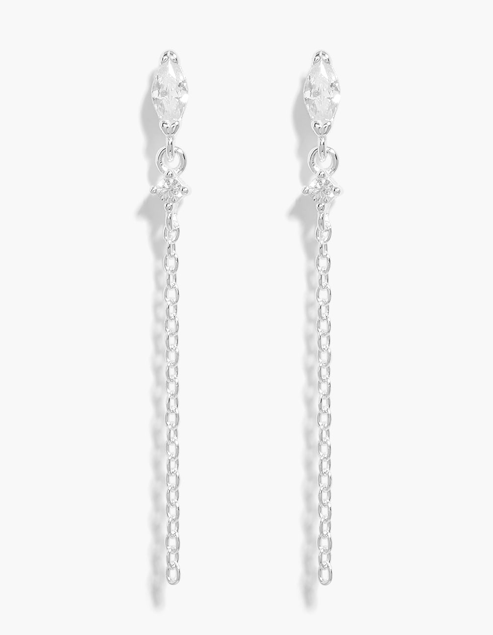 Elegant sterling silver cubic zirconia drop chain earrings front view