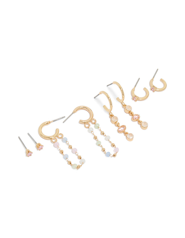 Gold Plated Cubic Zirconia Stone Drop Chain Earrings 4-Pack