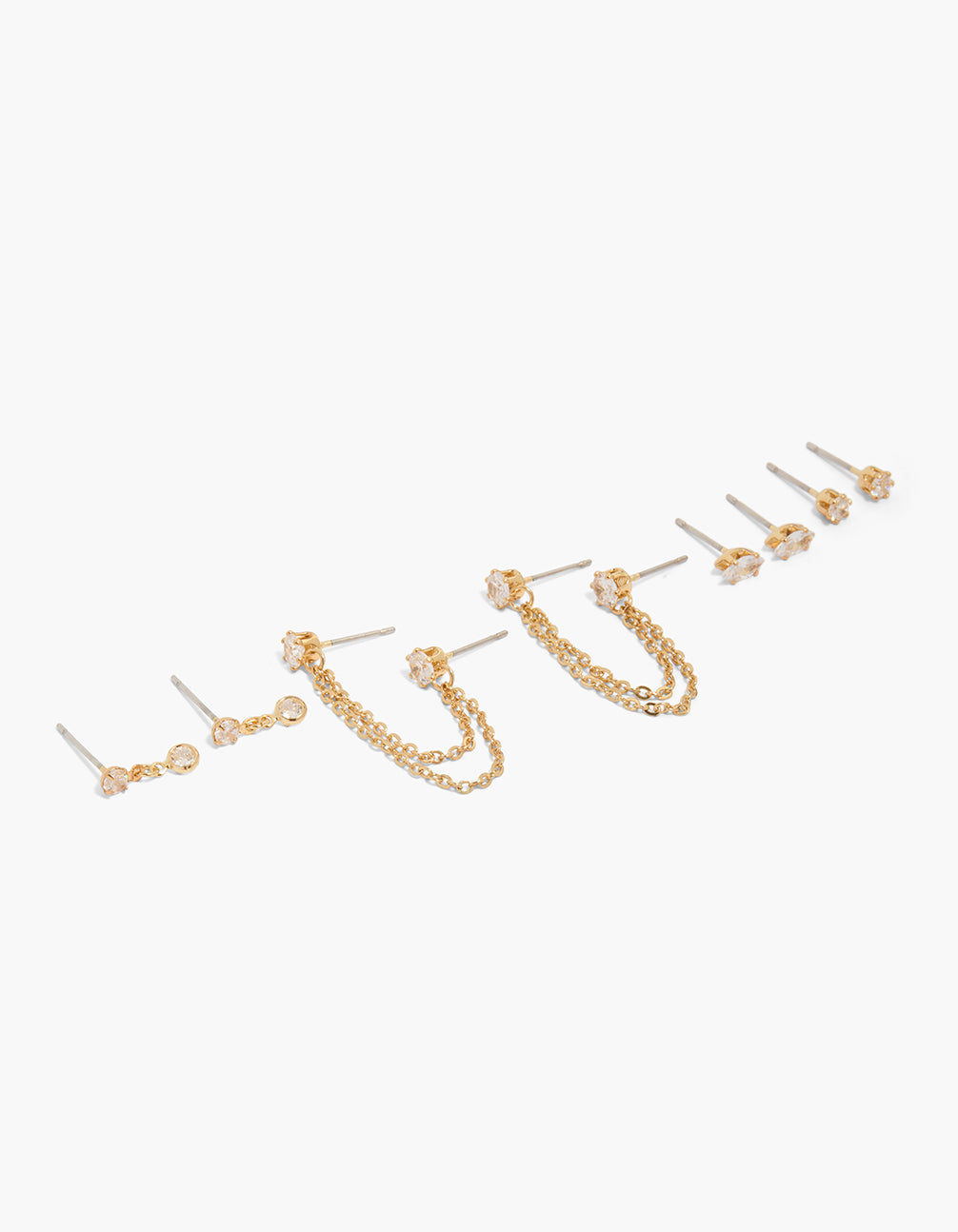 Beautifully crafted gold plated cubic zirconia double chain earrings 5-pack featuring statement stud closure in crystal front view