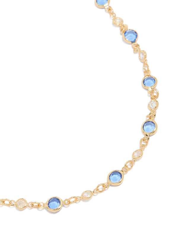 Gold Plated Blue Round Crystal Station Necklace
