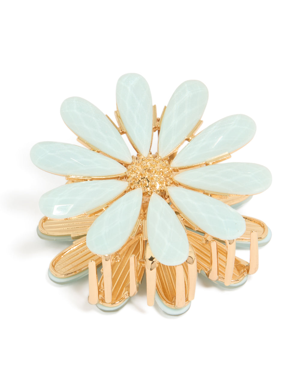 Showcasing a floral gold claw hair clip with pale turquoise blue daisy petals detail view