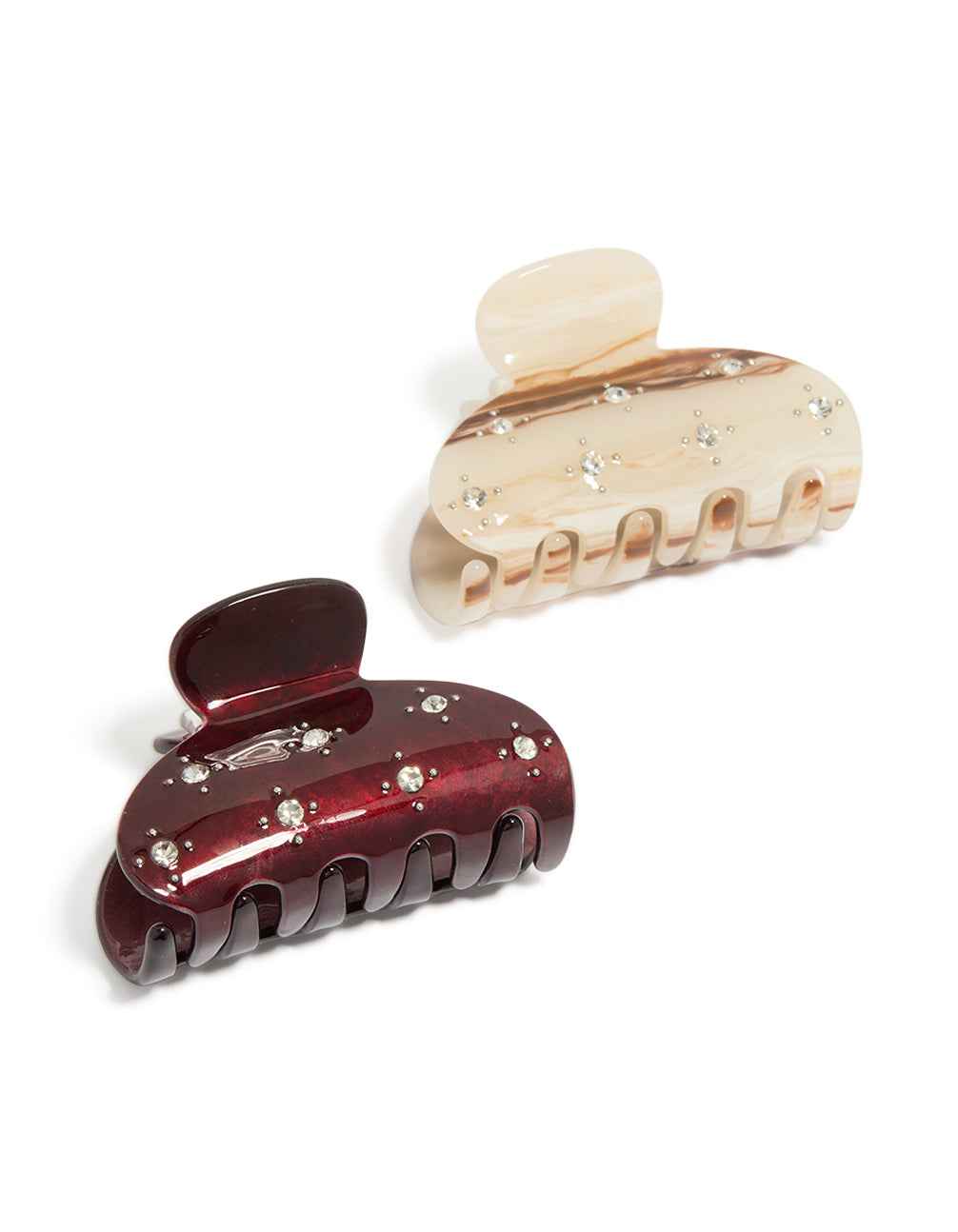 Showcasing diamante mini arch claw clips in a 2-pack featuring solid maroon peachpuff silver tones front view