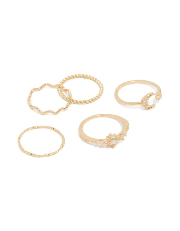 Gold Plated Cubic Zirconia Celestial Rings 5-Pack