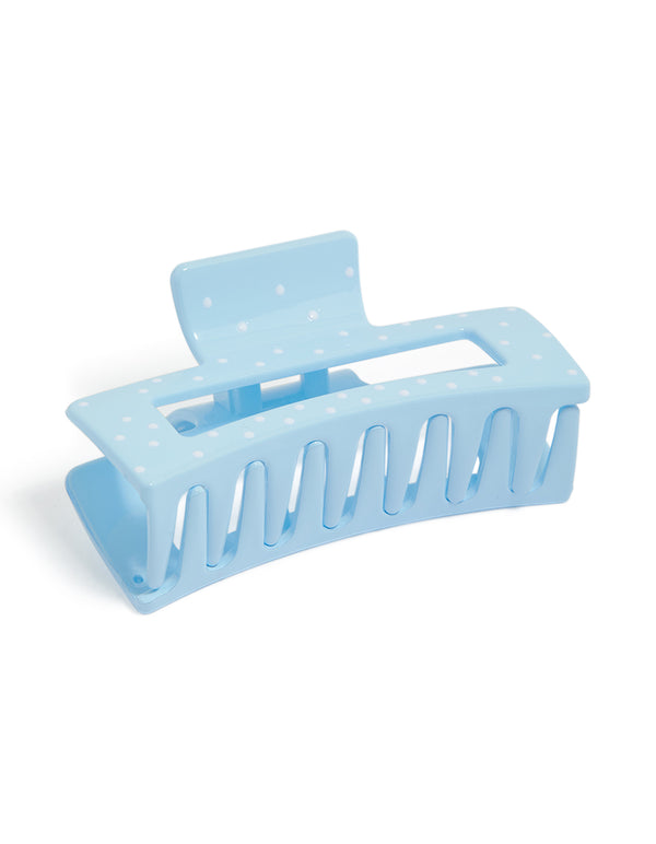 Stylish polkadot light blue and white spotted rectangle large claw clip front view