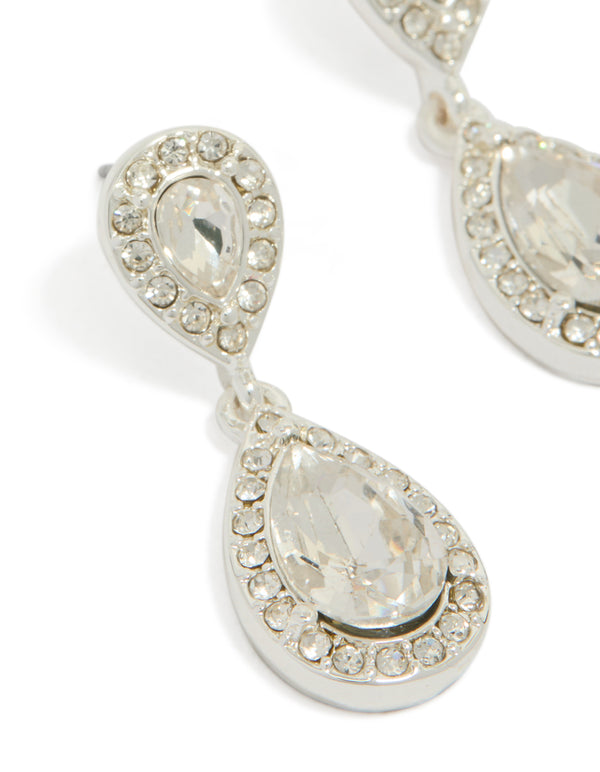 Crafted silver double oval diamante drop earrings with pear cut stones close up view