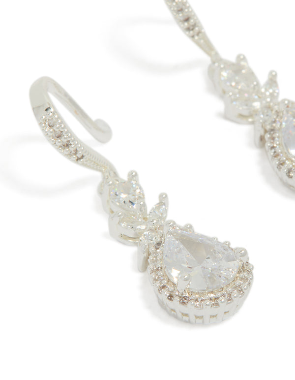 Detailed silver plated cubic zirconia vine fish hook drop earrings in clear close up view