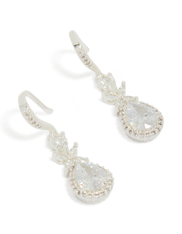 Showcasing silver plated cubic zirconia vine fish hook drop earrings front view