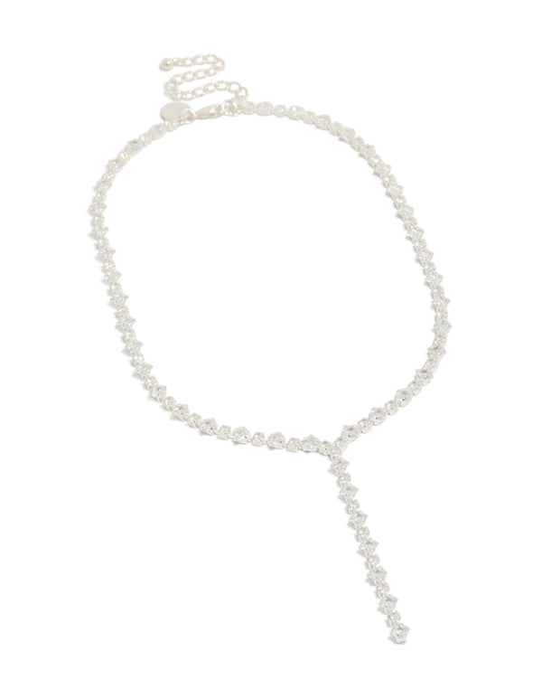 Crafted from silver plated cubic zirconia, this square tennis Y-necklace front view