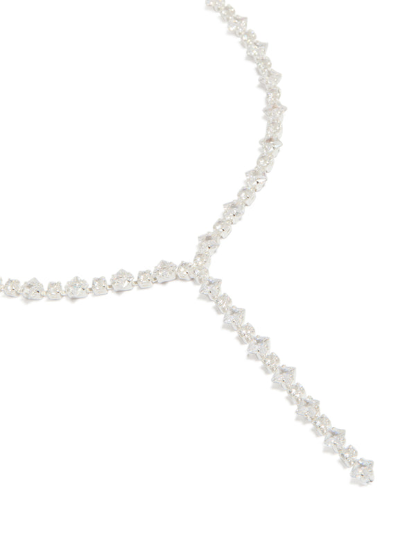 Featuring a silver plated cubic zirconia square tennis Y-necklace close up view