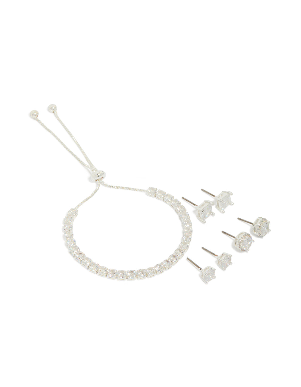 Silver Plated Cubic Zirconia Mixed Stud Earrings & Tennis Bracelet Set
