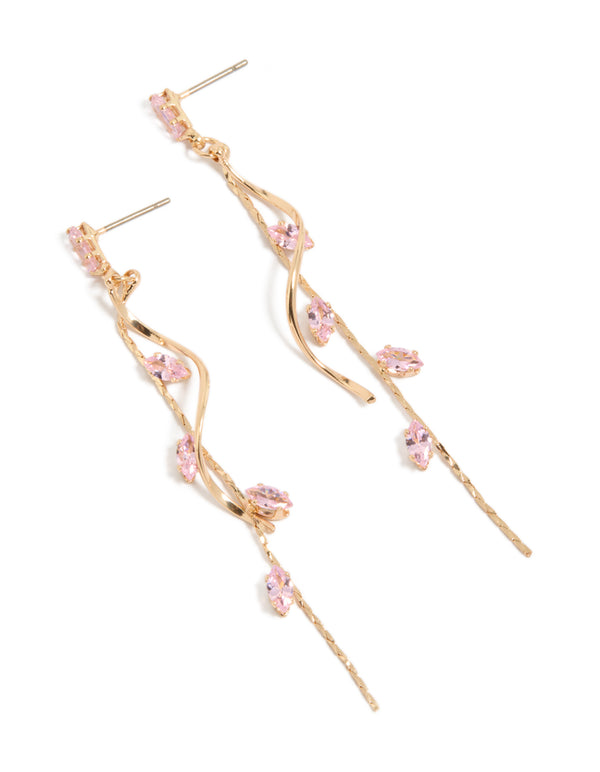 Elegant gold pink diamante swirl vine drop earrings front view