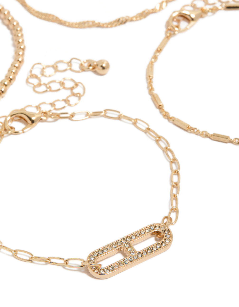 Showcasing gold chain, bar and beads bracelets 4-pack with embellished rectangular link detail close up view