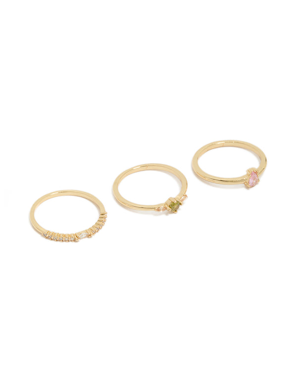 Showcasing gold plated cubic zirconia minimalist rings in a 3-pack front view