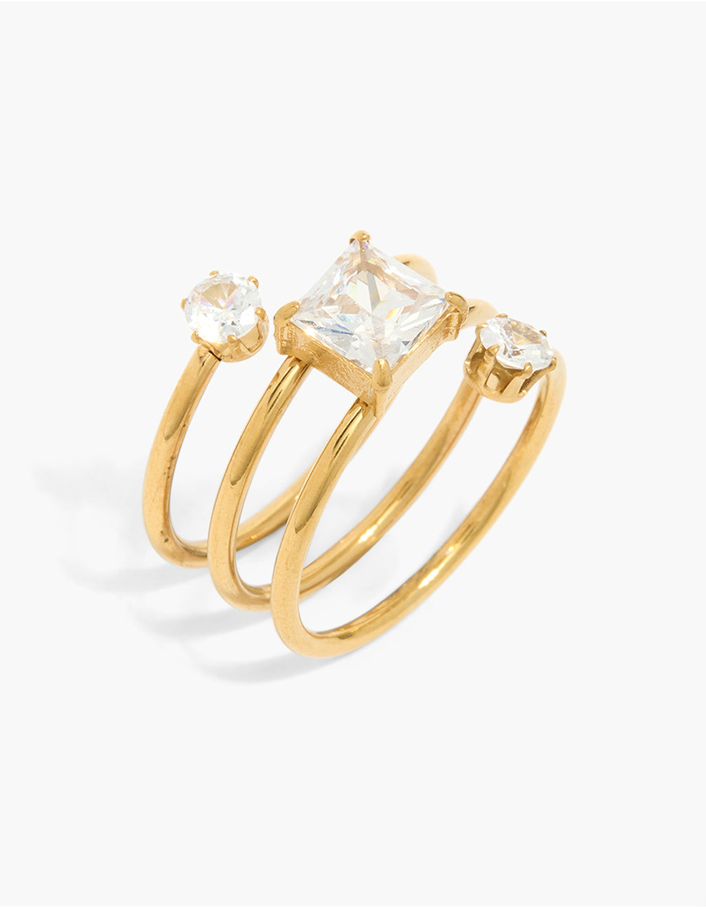 Showcasing a waterproof gold plated stainless steel cubic zirconia open layered wrap ring front view
