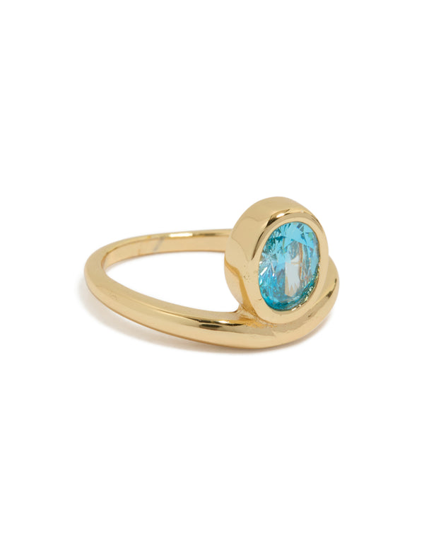 Gold Plated Stainless Steel Oval Blue Cubic Zirconia Statement Ring