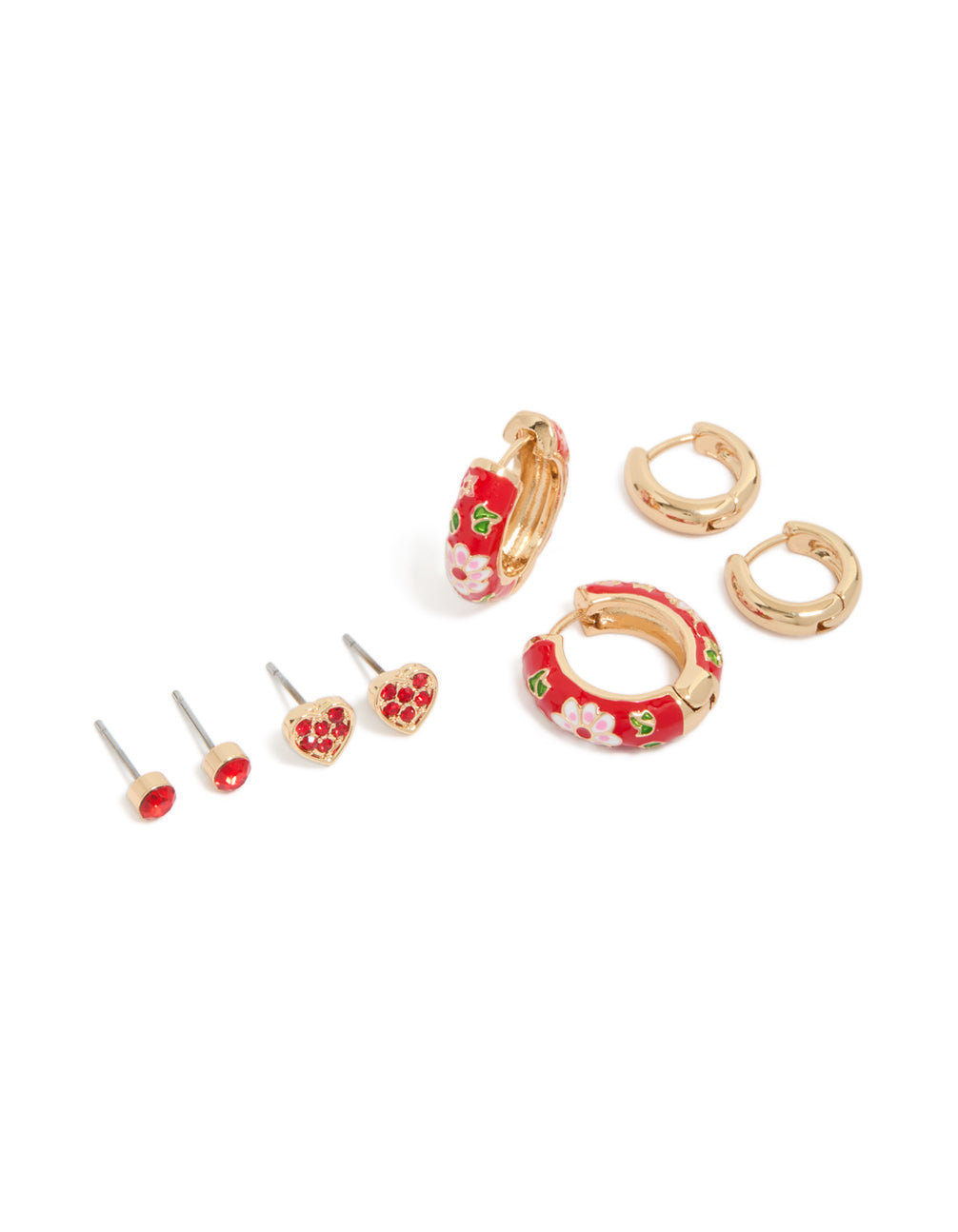 Showcasing gold red enamel huggie and stud earrings in a 3-pack featuring floral heart leaf patterns with cubic zirconia white green accents front view