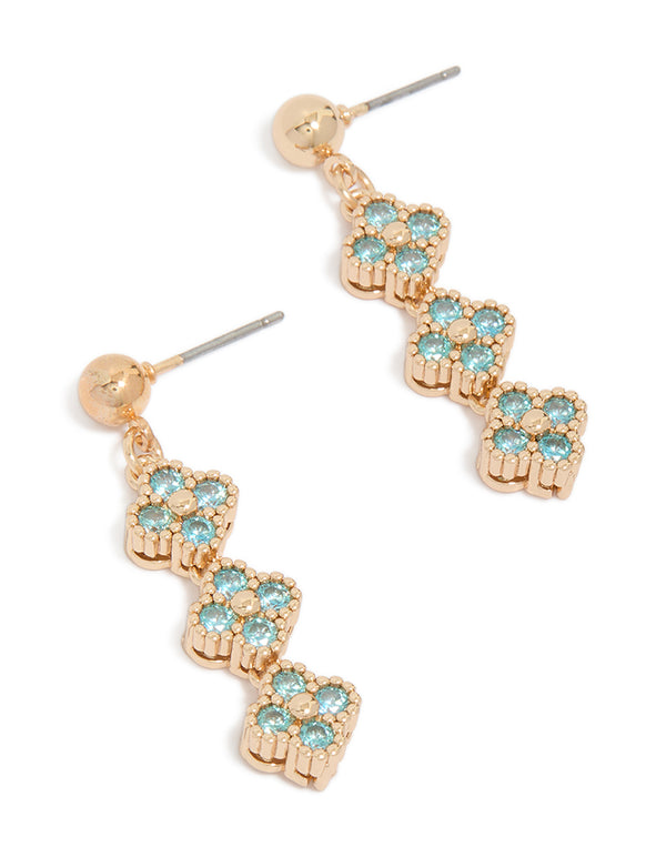 Gold Cubic Zirconia Blue Flower Drop Earrings
