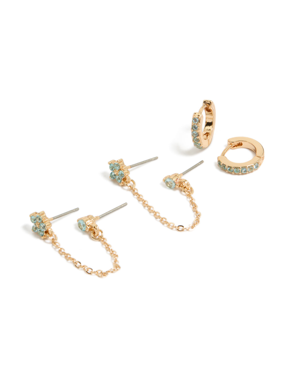 Showcasing floral chain huggie earrings pack featuring light blue cubic zirconia crystals in gold front view