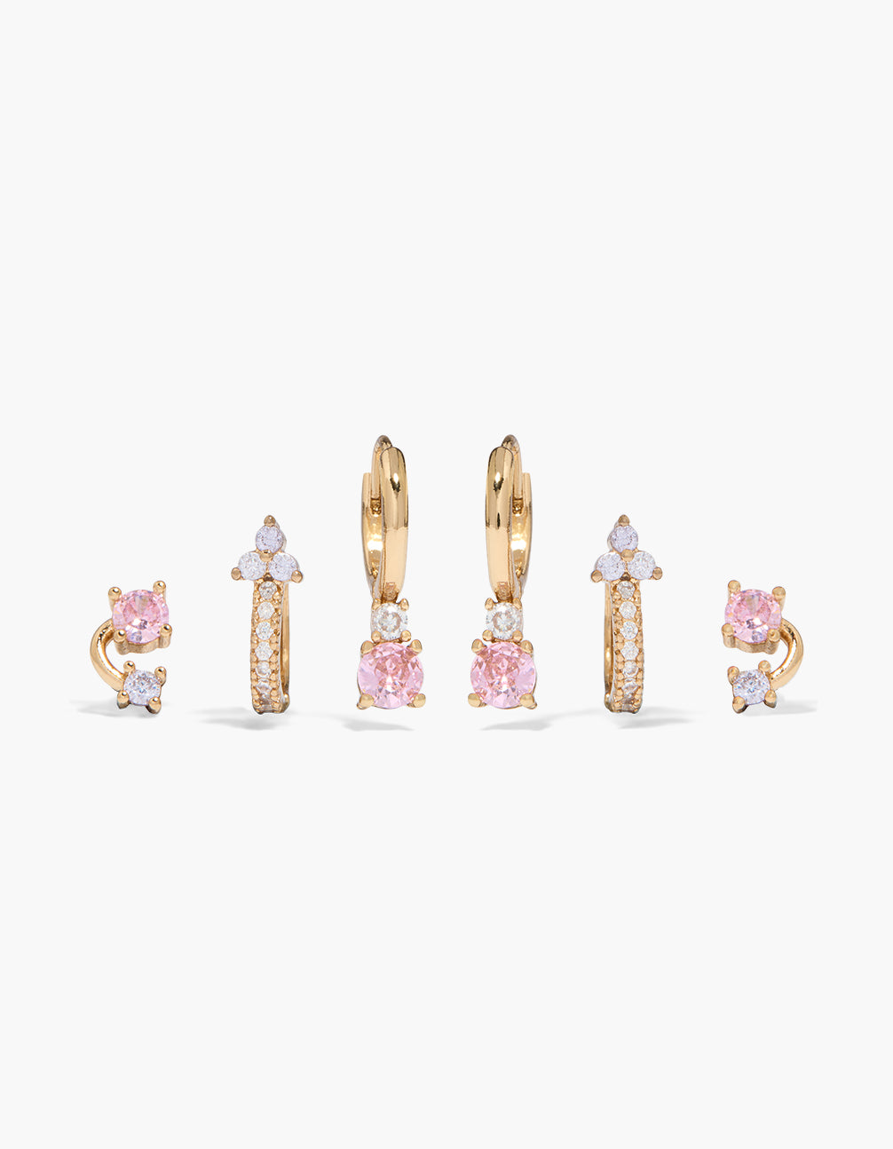 Showcasing gold pink cubic zirconia stud and huggie earrings 3-pack featuring crawler style with crystal embellishments front view