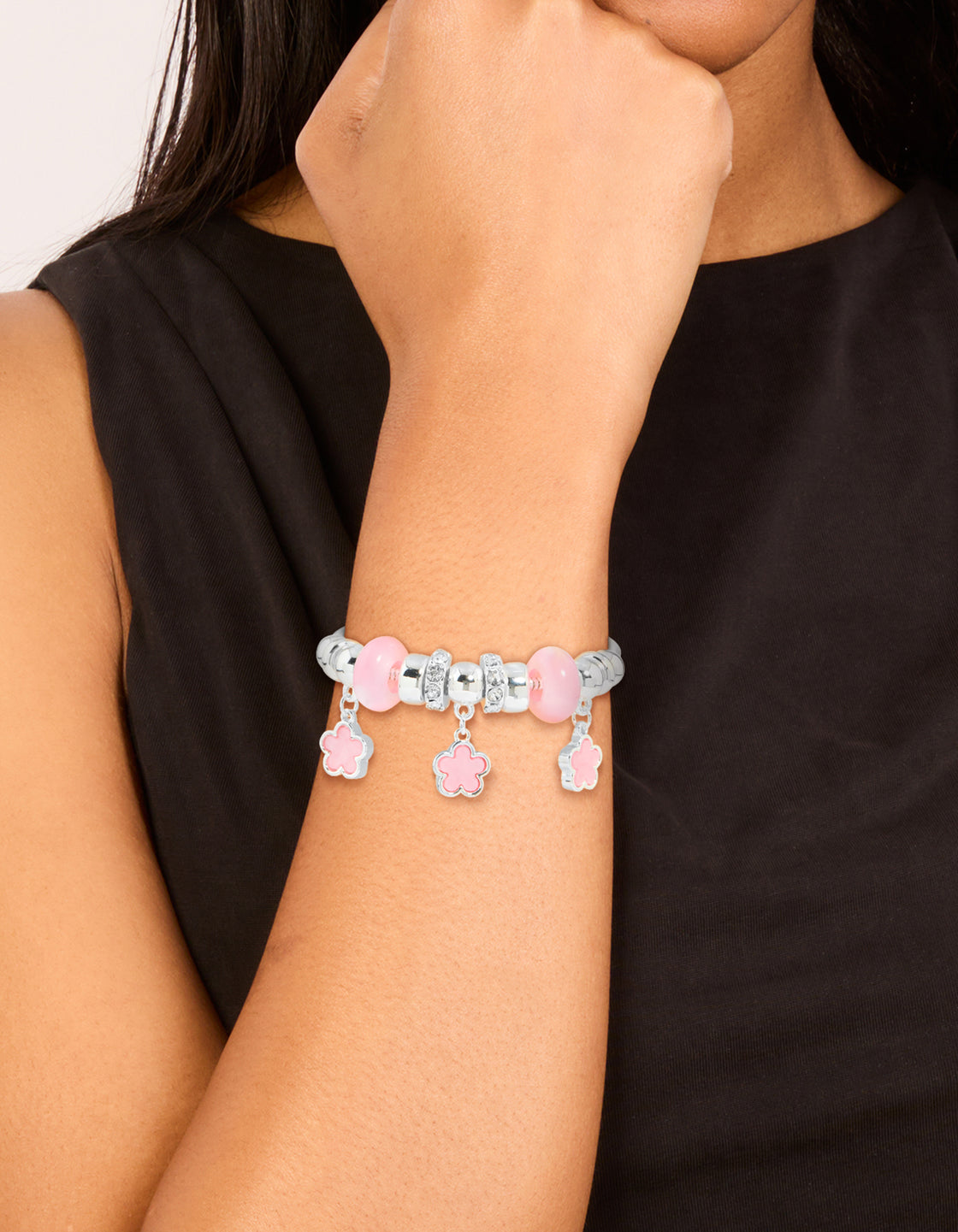 Gold Pink Flower Charm Toggle Bracelet